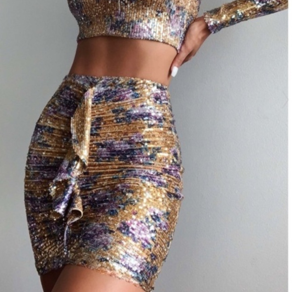 NWT Nookie Revolve Forever Skirt Sequin Gold and Purple Skirt
